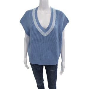Designer Women Pullover Vest V-Neck Short Sleeve Blue Viscose Size L